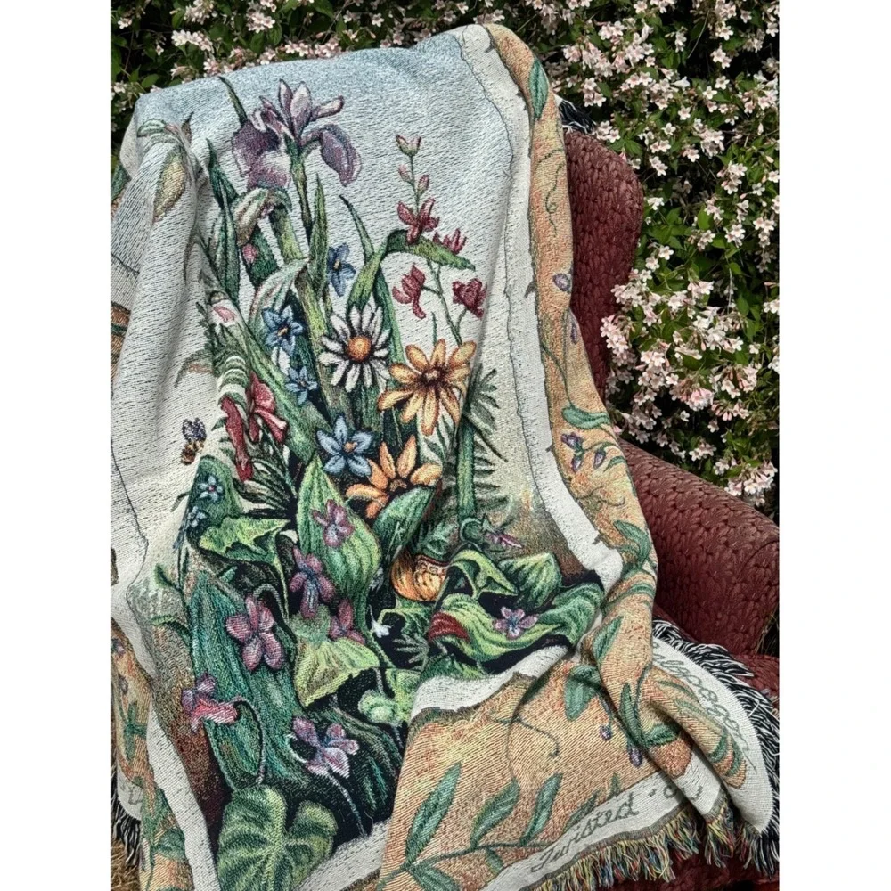 Vintage Woven Tapestry Throw Blanket Wildflower Botanical Butterfly 49